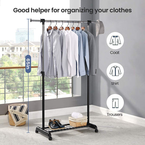 LiaMeE Heavy Duty Clothes Rail for Bedroom, Adjustable Clothes Rack on Wheels,Hanging Rail for Clothes, Black & Chrome