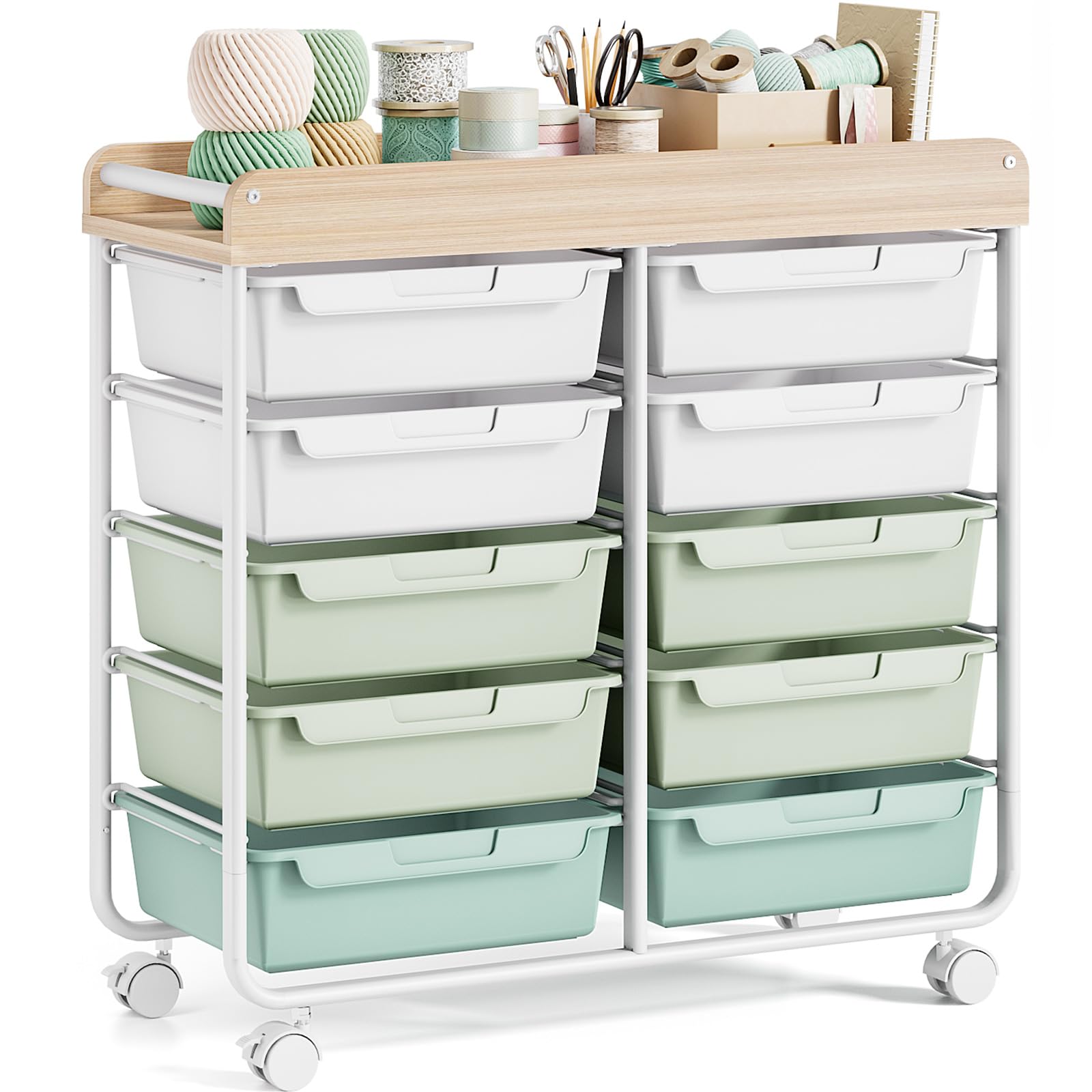10-Drawer Craft Organizer Trolley Cart, Green