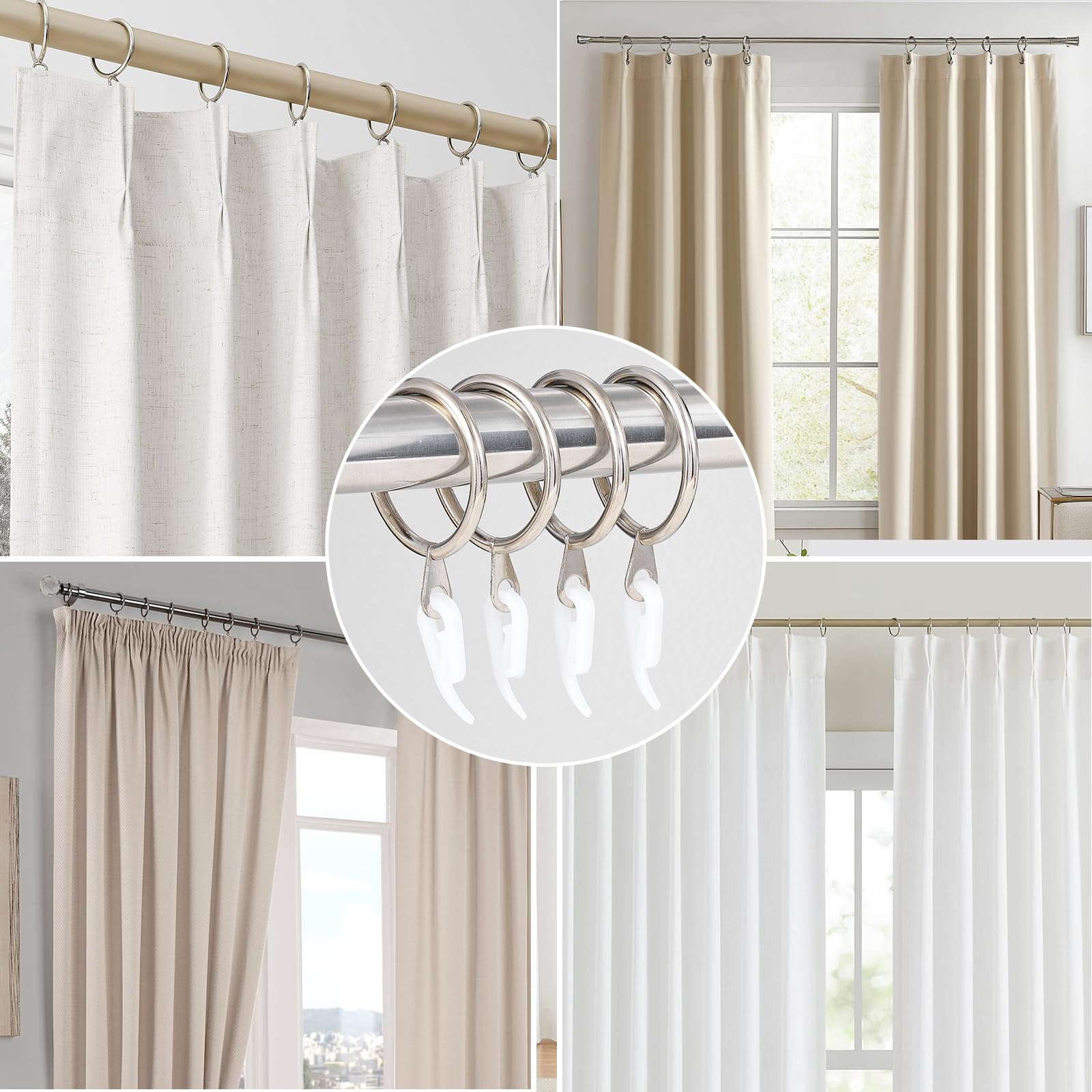 24 Pieces silver metal curtain rings and 24 Pieces white plastic Curtain Hooks for curtains (30mm internal diameter)
