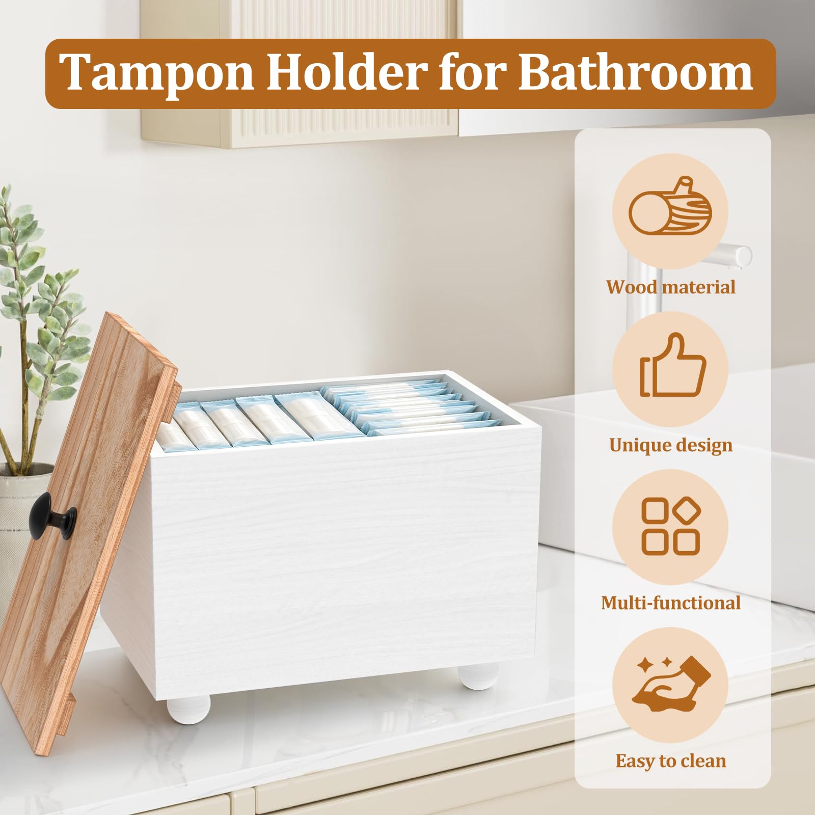 RHAIQBVC Tampon Holder for Bathroom, Versatile Tampon Storage Box with Lid &Top Handle ,Wood Feminine Product Organizer Pad Organizer Case with 4