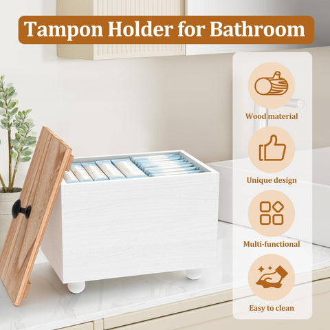 RHAIQBVC Tampon Holder for Bathroom, Versatile Tampon Storage Box with Lid &Top Handle ,Wood Feminine Product Organizer Pad Organizer Case with 4