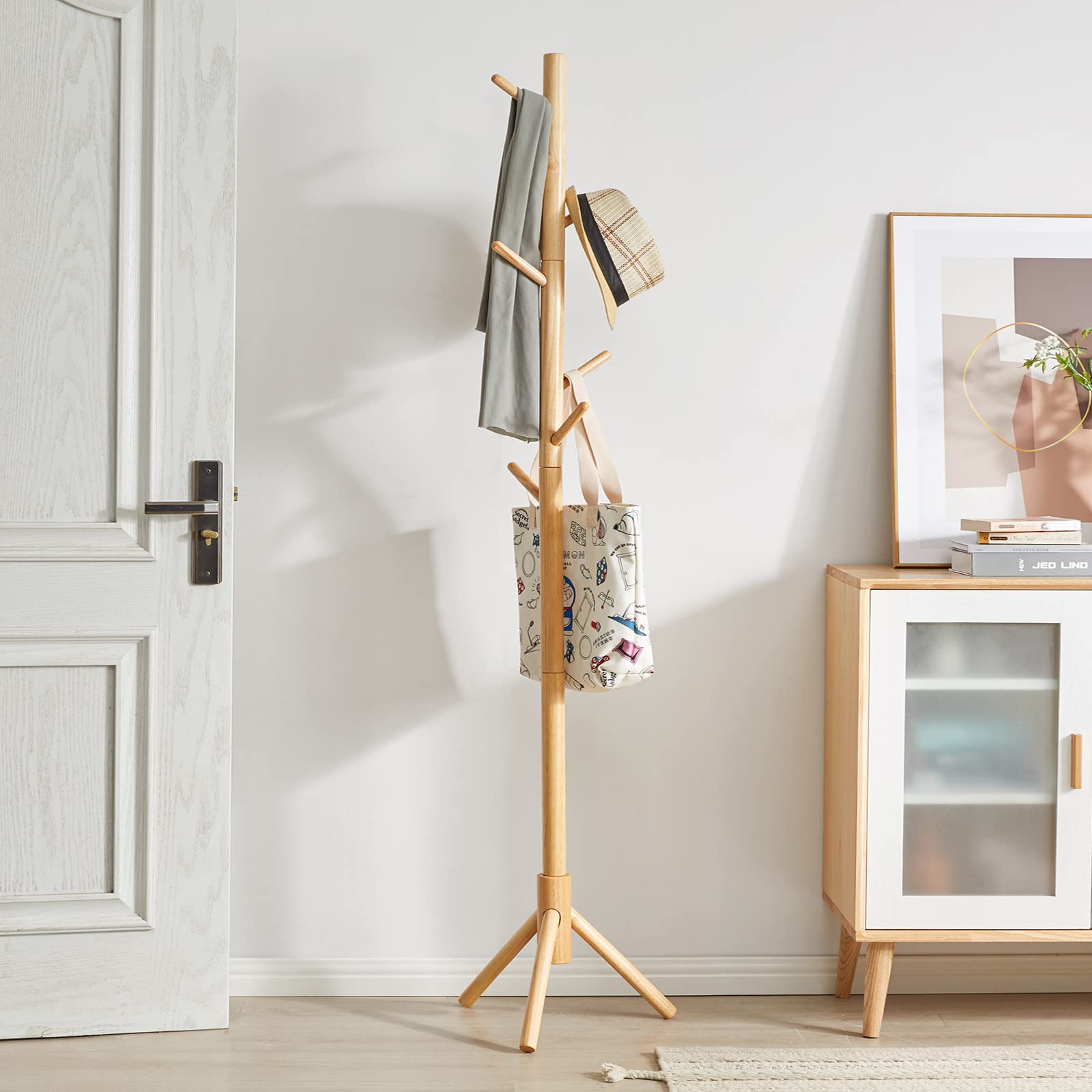 YMYNY Wooden Coat Rack Stand, Hall Tree Free Standing with 8 Hooks, Hallway Coat Hanger Hat Stand for Bag Umbrella Clothes Scarves, Adjustable Sizes