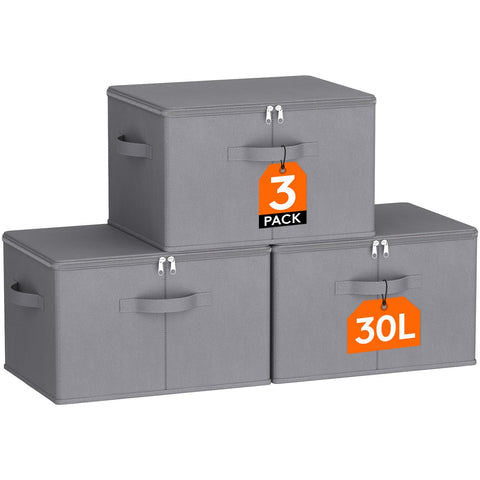 Lifewit Wardrobe Storage Box with lid, 30L, 40x30x25 cm, Grey, 3 Pack