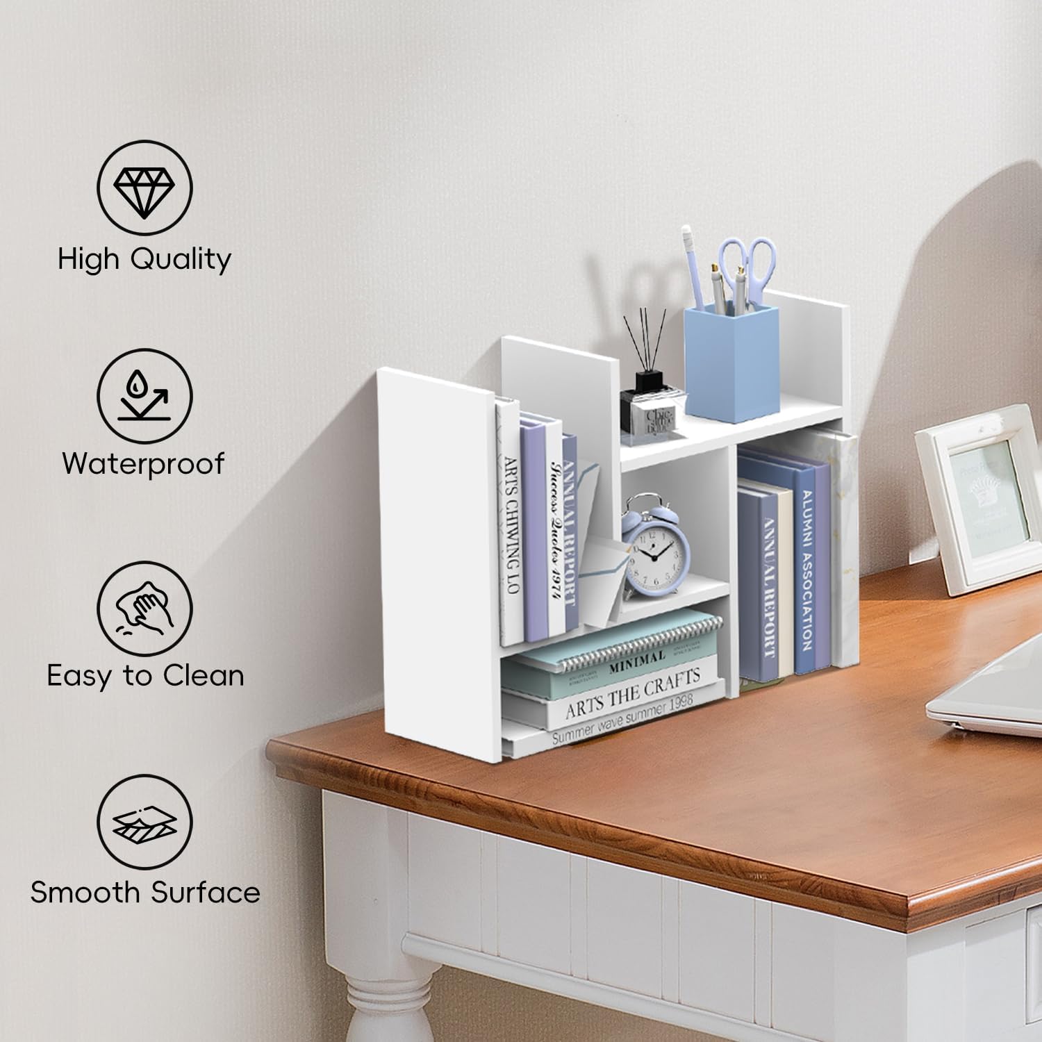 SUPEASY Wood Desk Shelf, 5-Unit Desktop Organizer Adjustable Desktop Shelves, Wood Tabletop Bookshelf Desk Organizers and Accessories for Home Office