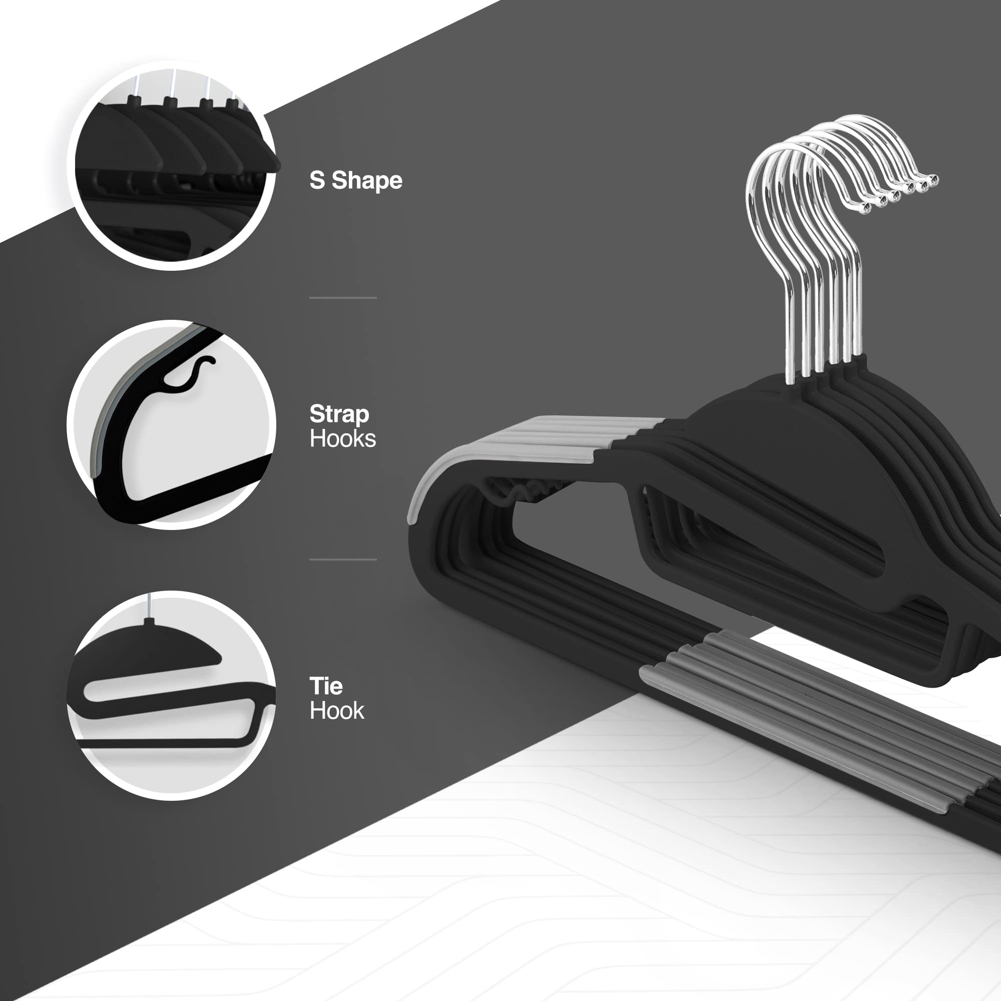 KEPLIN 20-Pack Non-Slip Hangers – Durable, Slimline Design for Space Saving with 360° Swivel, Tie Organiser, Strap Hooks, and S-Shape Opening (Black)