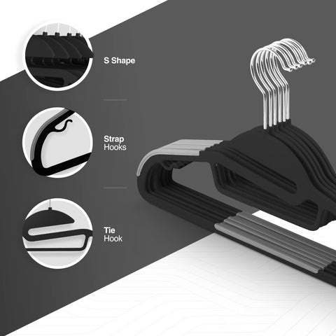 KEPLIN 20-Pack Non-Slip Hangers – Durable, Slimline Design for Space Saving with 360° Swivel, Tie Organiser, Strap Hooks, and S-Shape Opening (Black)