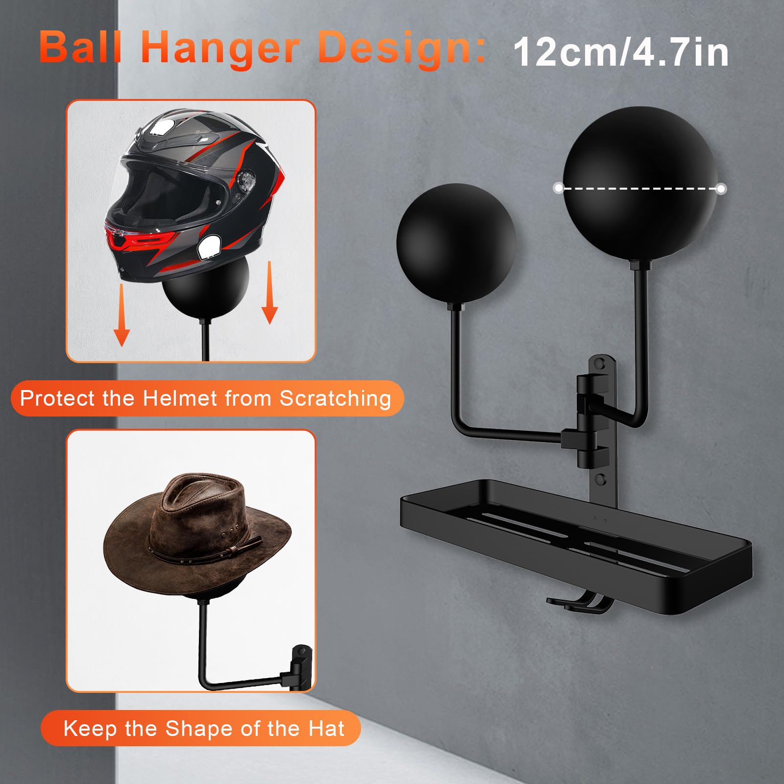 CASDUCT Wall Mounted Helmet Holder with 2pcs Ball, 180° Rotation and Hooks