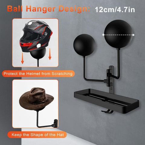 CASDUCT Wall Mounted Helmet Holder with 2pcs Ball, 180° Rotation and Hooks
