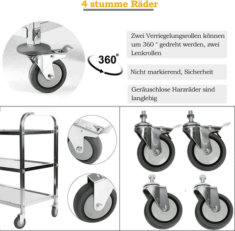 ybaymy Serving Trolley, Stainless Steel, 3 Shelves, 80 cm Height, Wheels with Brake, Food Trolley for Hotel Restaurant Kitchen