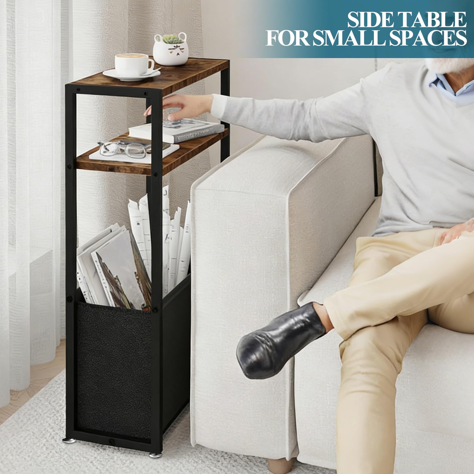 XunHe Narrow Side Table - Slim Side Table with Storage Basket, Small End Table for Small Spaces with Fabric Basket Slim Bedside Tables for Bedroom