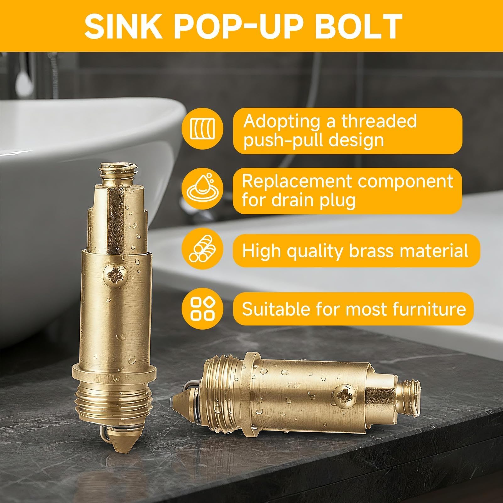 2PCS Basin Pop Up Click Clack, Pop Up Sink Plug Replacement Basin Plug Internal Spring Brass Plug Bolt Click Clack Plug Replacement for Most Sink