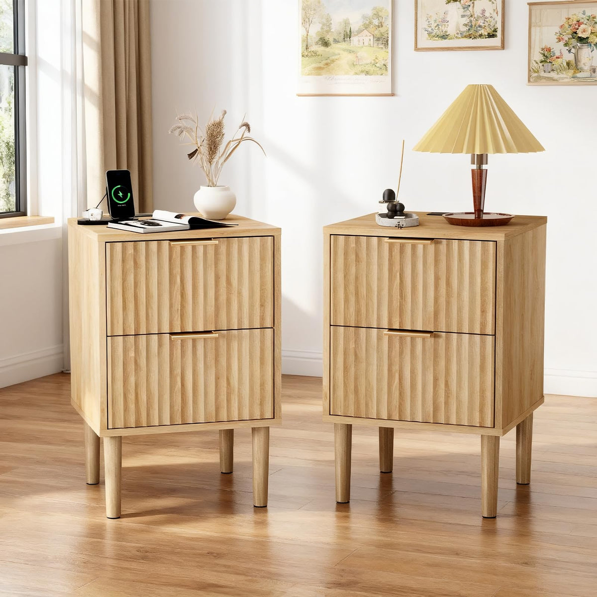 Karl home Bedside Table Set of 2, Wood Grille Nightstand Side End Table,Oak