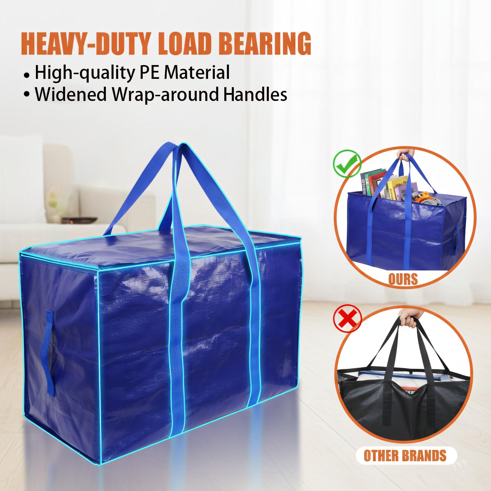 Snugkin Large Storage Bags 4 Pack 91L Moving Bags with Zips & Handles Heavy Duty Storage Boxes with Lids Water-Resistant Packing Bags for Home