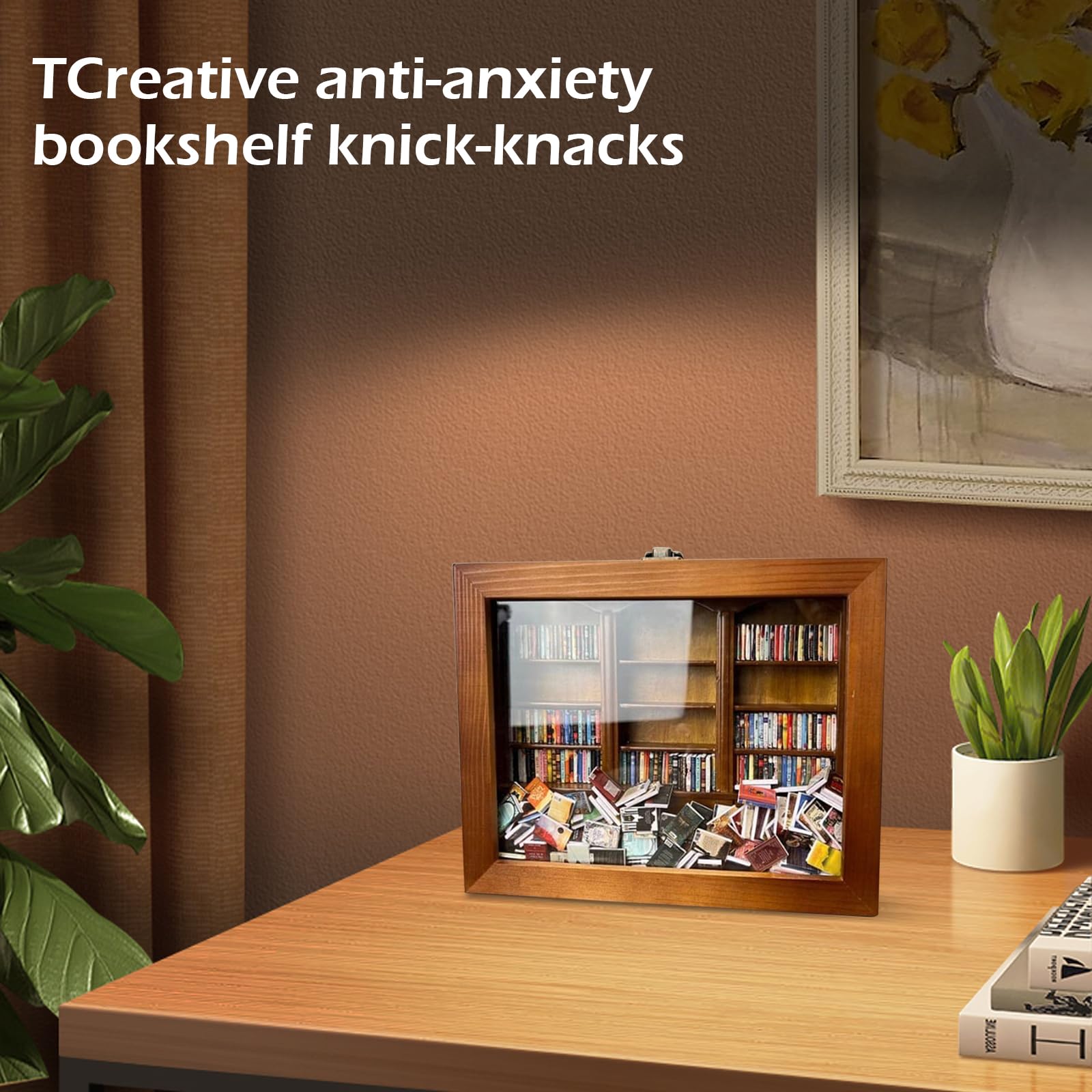 XQZMD Creative Decompression Miniature Bookshelf Display Frame - Wooden Anxiety Bookshelf Decor for Book Lovers Birthday Gifts