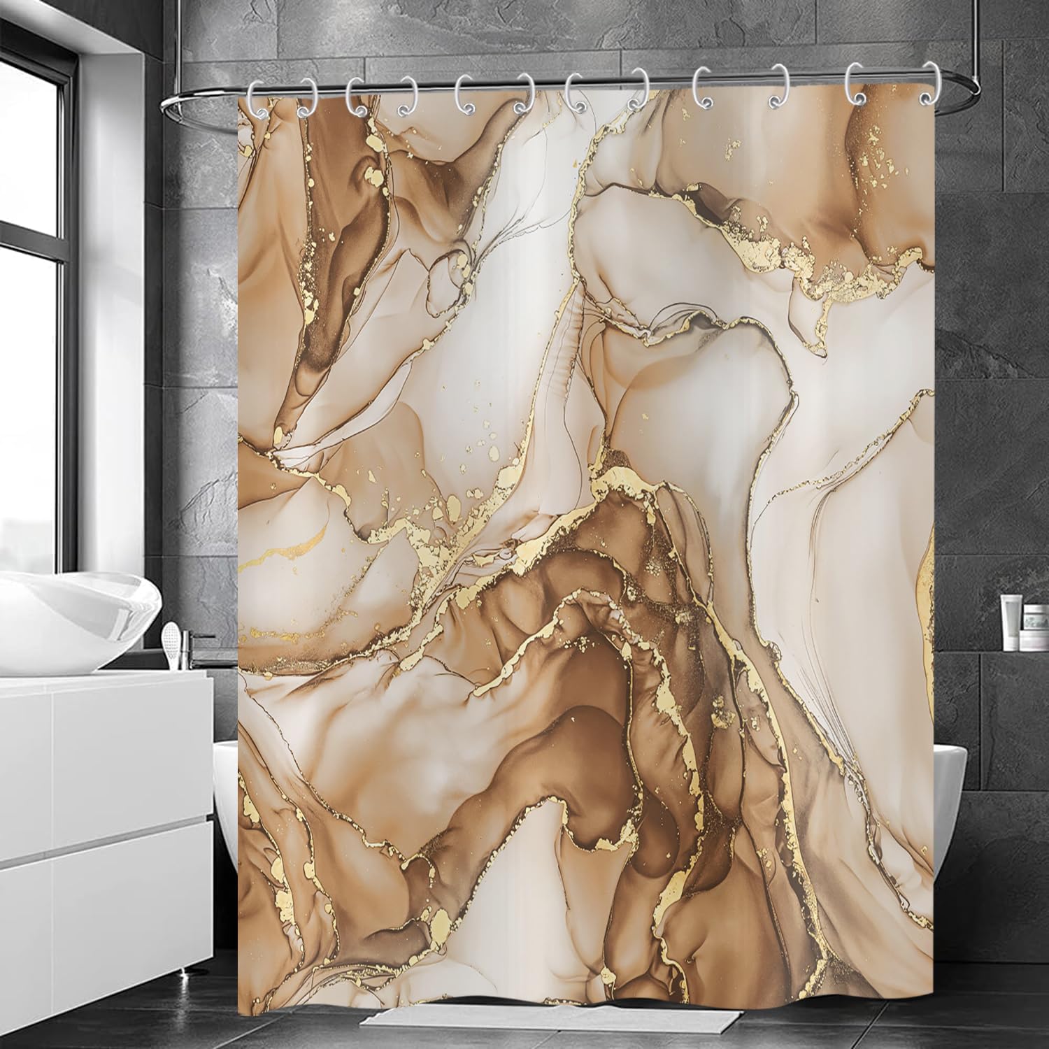 Hnmdmyi Marble Shower Curtain 180x180, Brown Gold Abstract Marble Bathroom Curtains Luxury Modern Aesthetic Art Ink Texture Waterproof Polyester