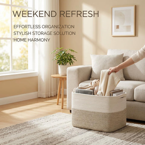 Esteopt Large Woven Cotton Rope Storage Basket with Handles | Laundry & Blankets | Soft, Stylish Organiser for Nursery