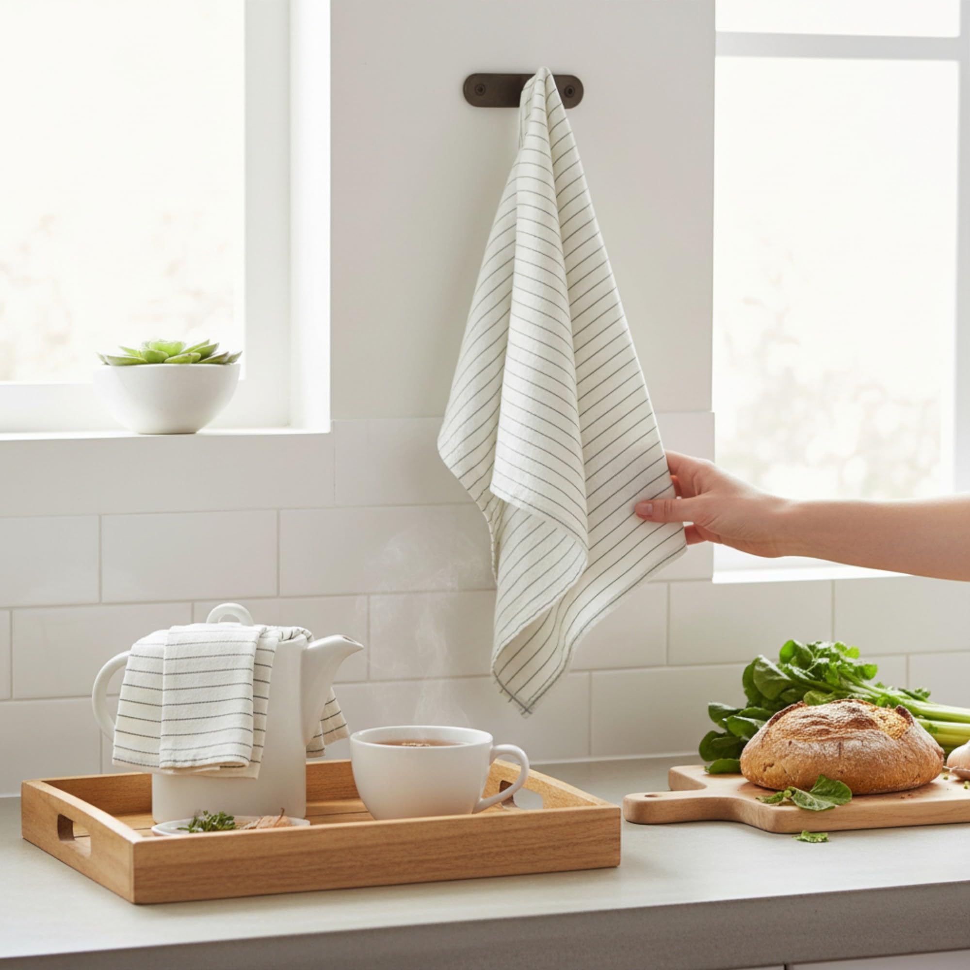 Eight Owls Stonewashed Linen Kitchen Dish Towels – 50 x 68 cm – 100% Pure Linen Tea Towel/Hand Towel - set of 2 (Olive Pinstripe)