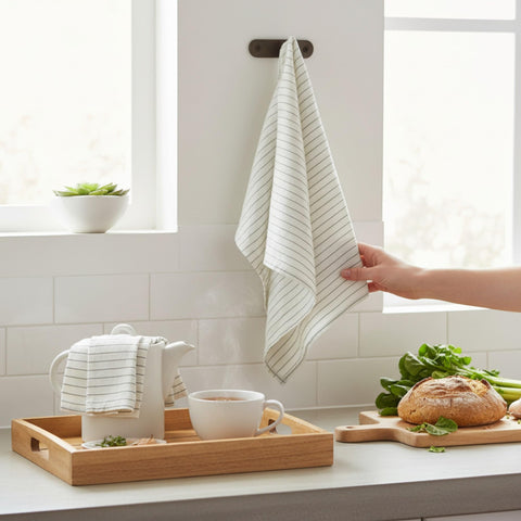Eight Owls Stonewashed Linen Kitchen Dish Towels – 50 x 68 cm – 100% Pure Linen Tea Towel/Hand Towel - set of 2 (Olive Pinstripe)