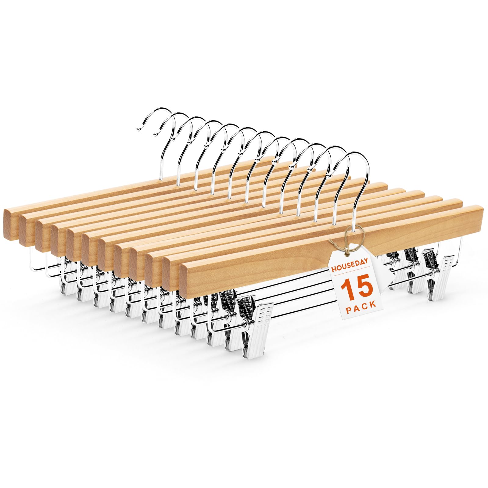 HOUSE DAY Premium Wooden Pants Hangers 15 Pack, Solid Lotus Wood Skirt Hangers with 2-Adjustable Clips