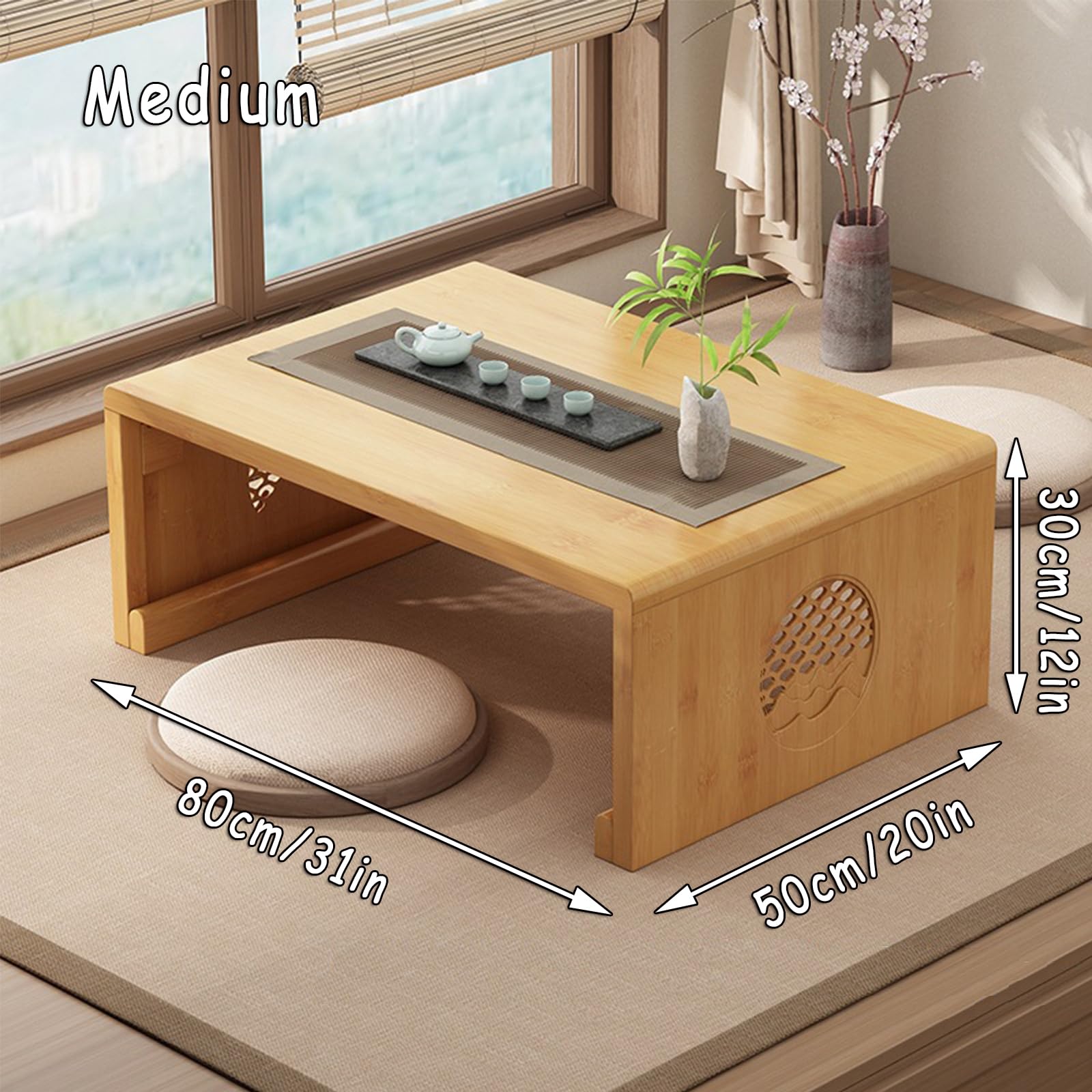 JIANCNGU Bamboo Chinese Tea Floor Table Japanese Foldable Coffee Table Altar Table For Meditation Low Portable Collapsable Tatami Table for Living