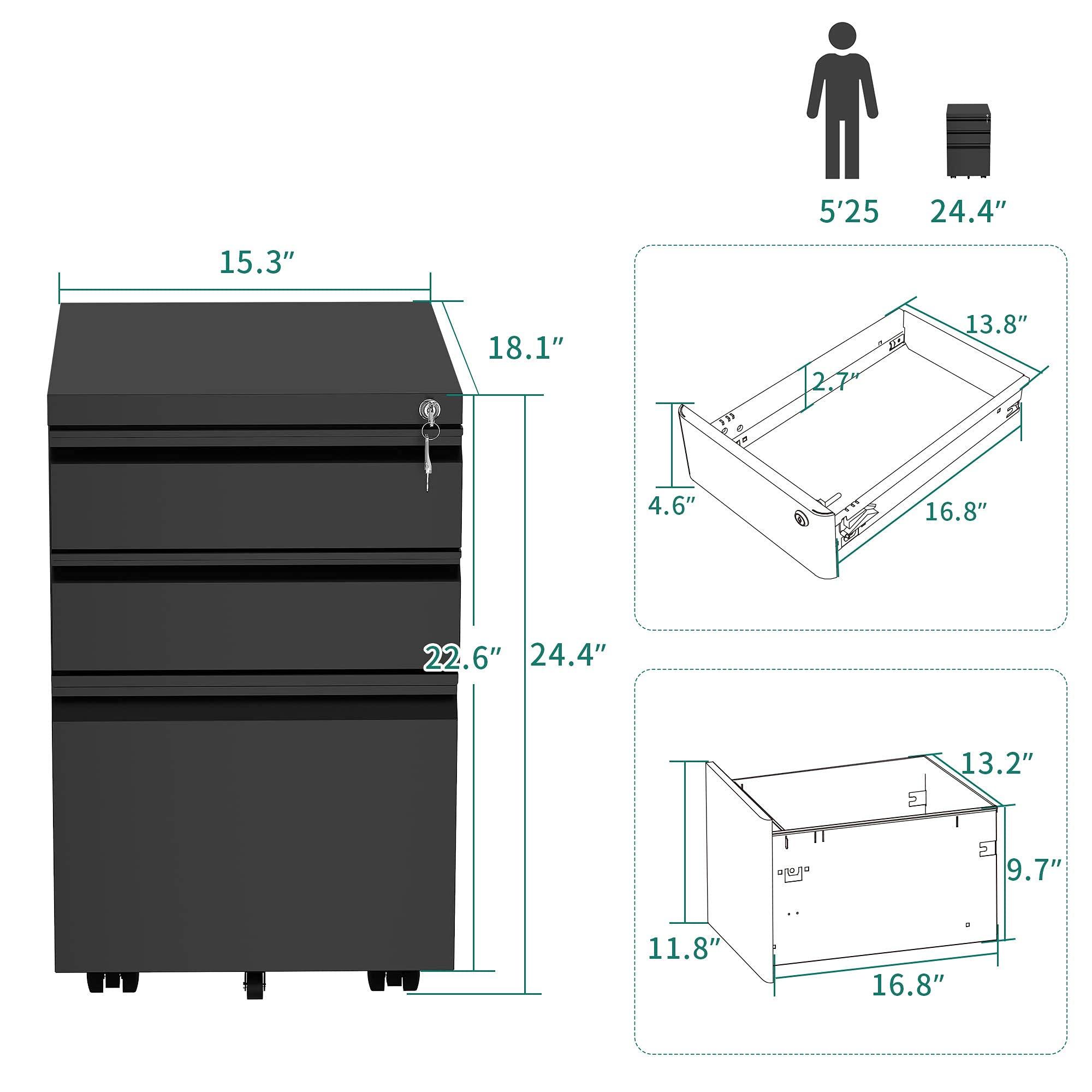 YITAHOME 3-Drawer Mobile File Cabinet with Lock, Office Storage Filing Cabinet for Legal/Letter Size