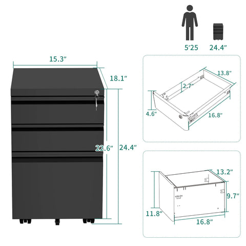 YITAHOME 3-Drawer Mobile File Cabinet with Lock, Office Storage Filing Cabinet for Legal/Letter Size