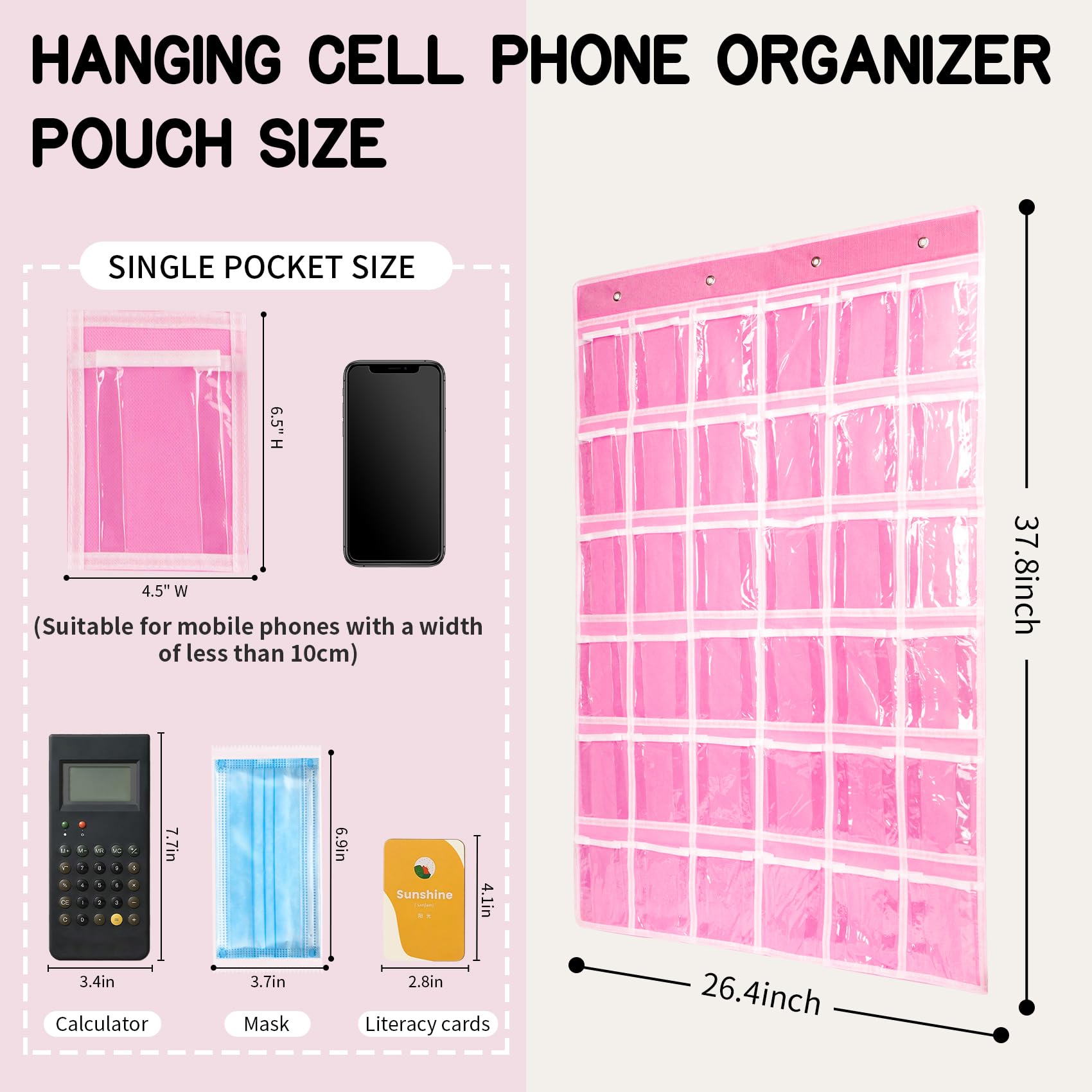 SAVORLIVING 36 Pocket Classroom Organizer, Phone Calculator Holder, Hanging Wall Door Caddy with Hooks and Number Stickers (Pink)