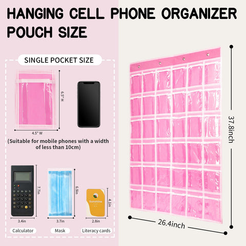 SAVORLIVING 36 Pocket Classroom Organizer, Phone Calculator Holder, Hanging Wall Door Caddy with Hooks and Number Stickers (Pink)