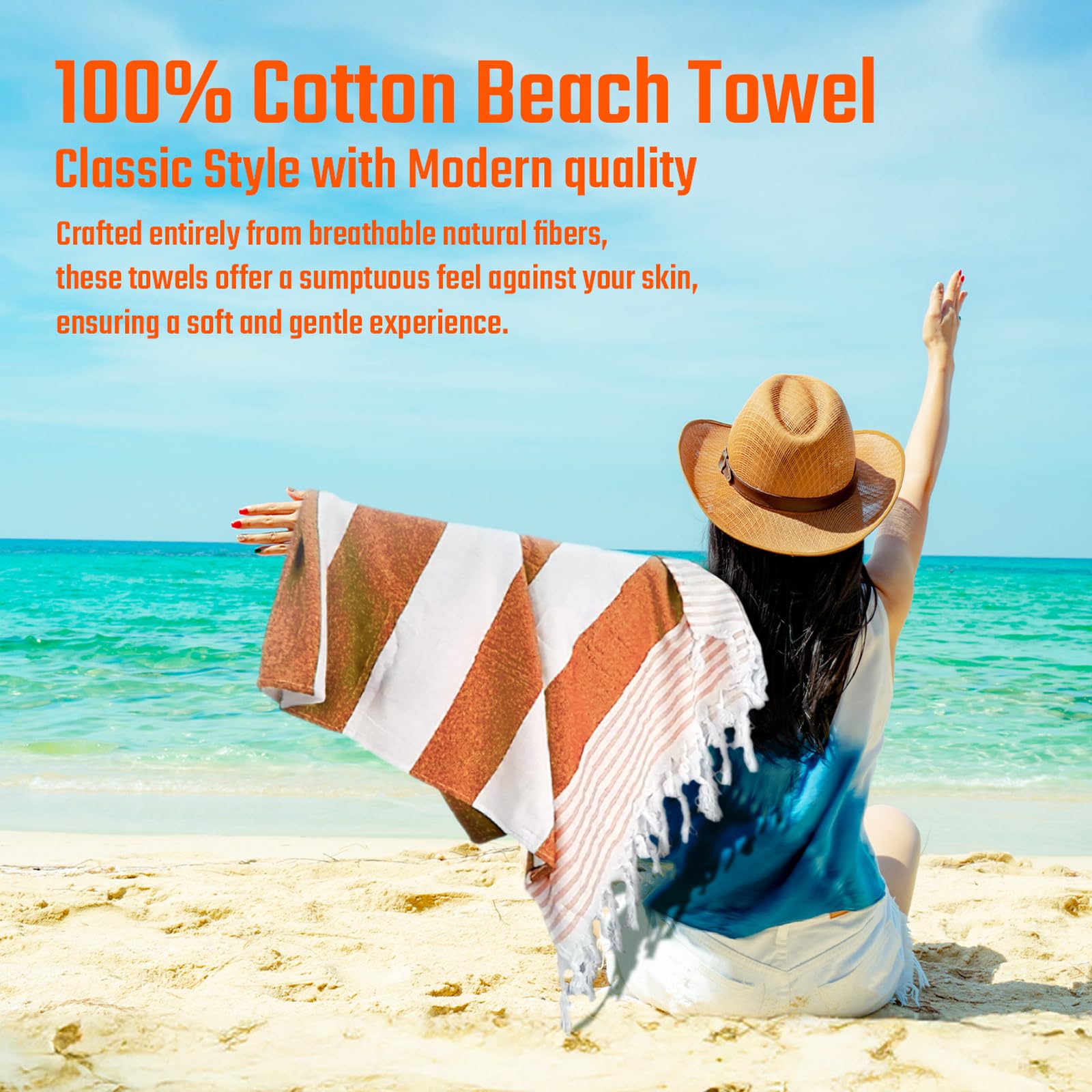 Laurel & Mason 100% Cotton Turkish Beach Towel - Extra Large, 180cm x 90cm, Lightweight, Quick-Drying, Soft & Breathable - Orange