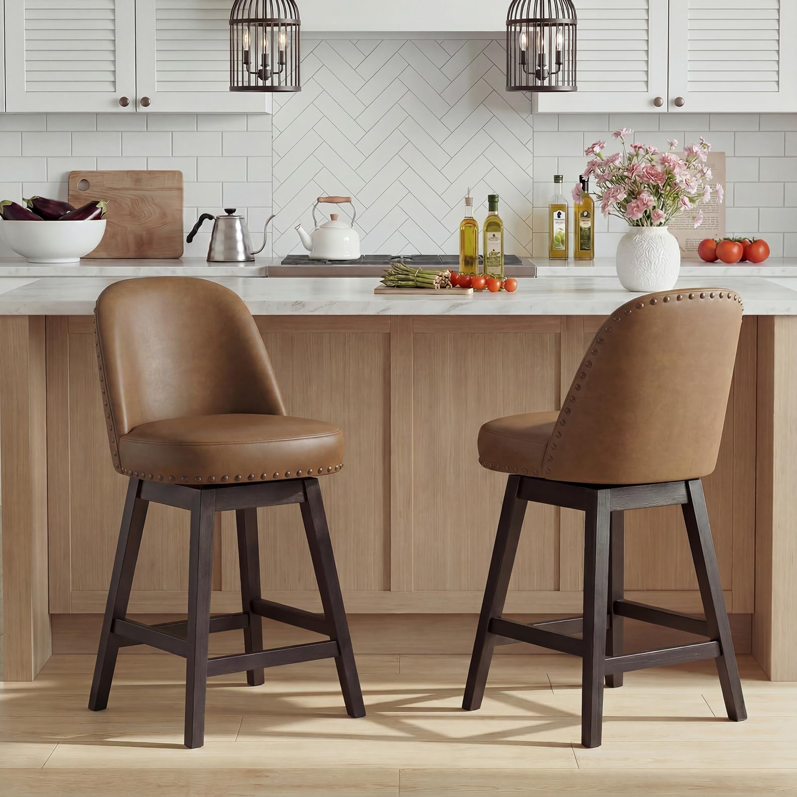 Bar Stools Set of 2, 360° Swivel Counter Stools with Upholstered Seat, Wooden Frame & Nailhead Trim