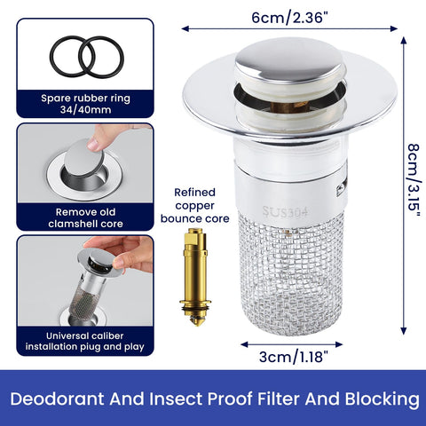 2Pcs Sink Plugs Strainer Drain Strainer Pop Up for 34-40mm Drain Hole
