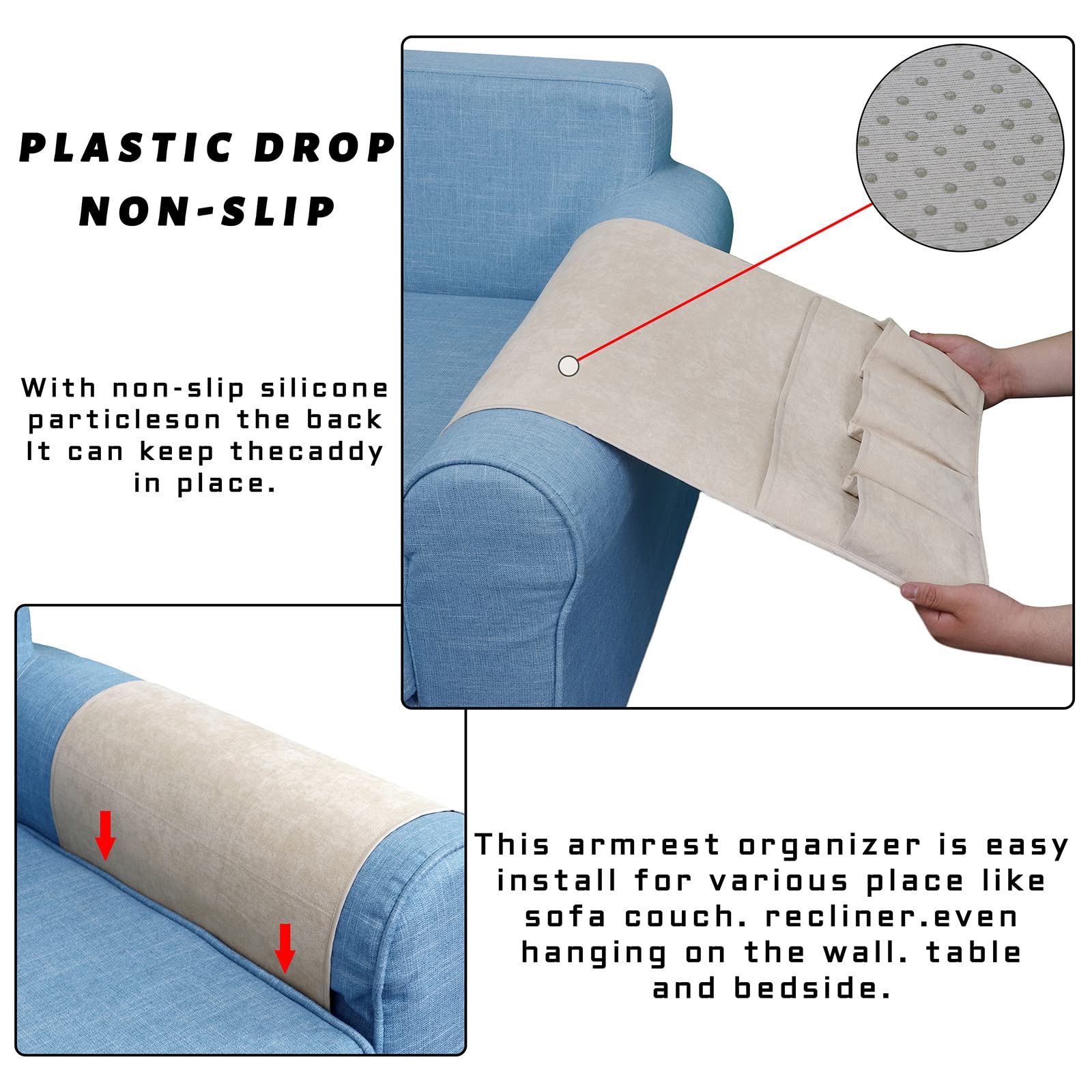 NB Sofa Armrest Organize remote holder bedside caddy organizer with 5 pockets，non-slip couch remote control holder couch armchair caddy accessories