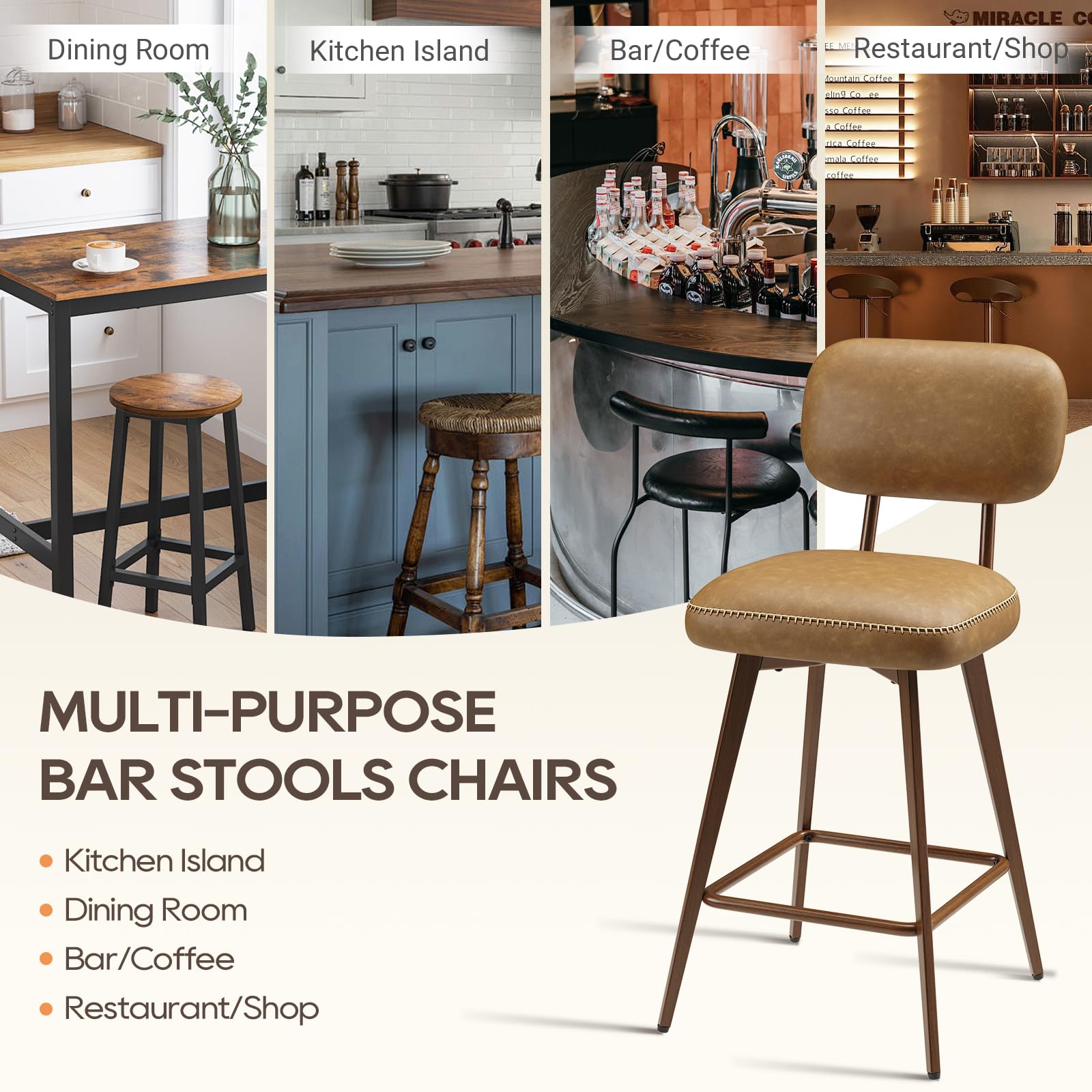 MALOL PU Leather Breakfast Bar Stools Set of 4, Swivel Kitchen Bar Chairs with Backrest and Metal Legs