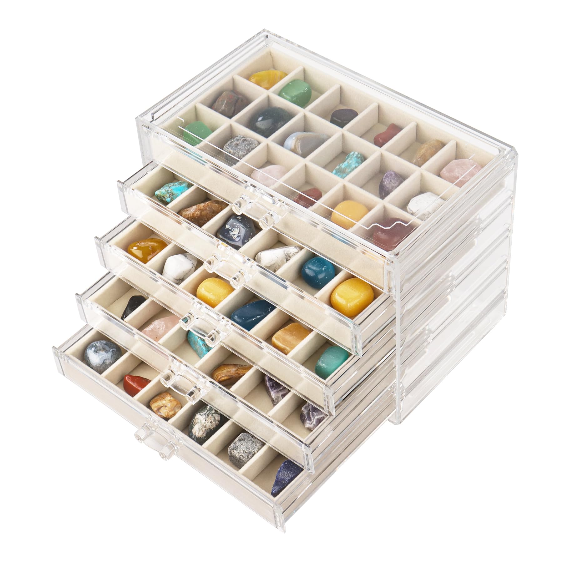Dmnnlp Rock Display Case, 5 Drawers 90 Grids Acrylic Rock Collection Box, Storage Cases for Small Rocks Gemstone Fossil Crystal Stone Jewellery