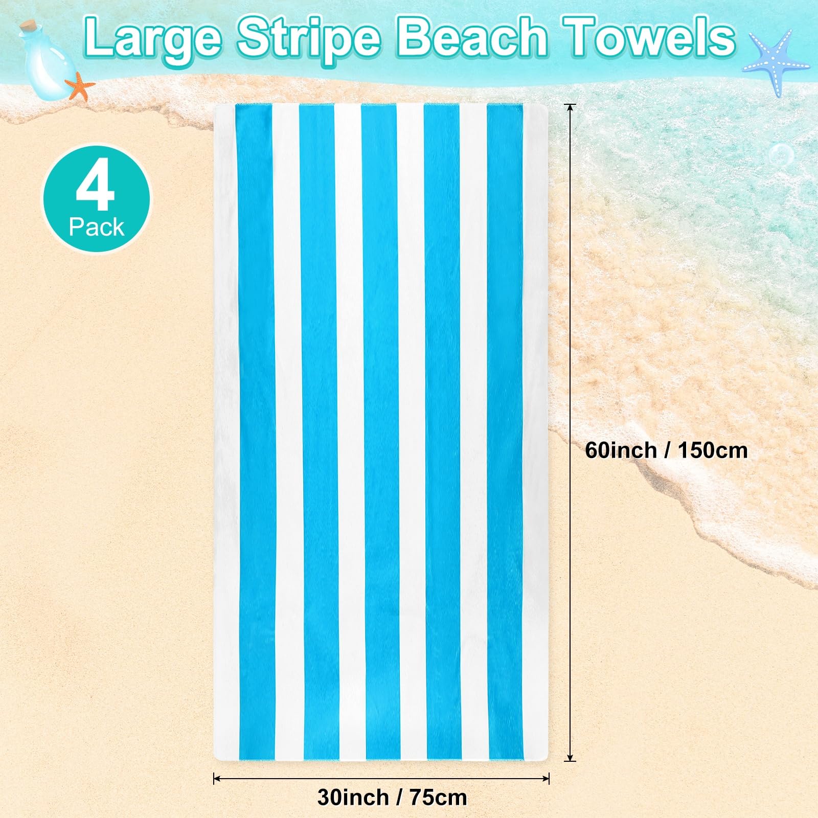 M METERXITY 4-Pack Large Stripe Beach Towels 30x60in Light Blue