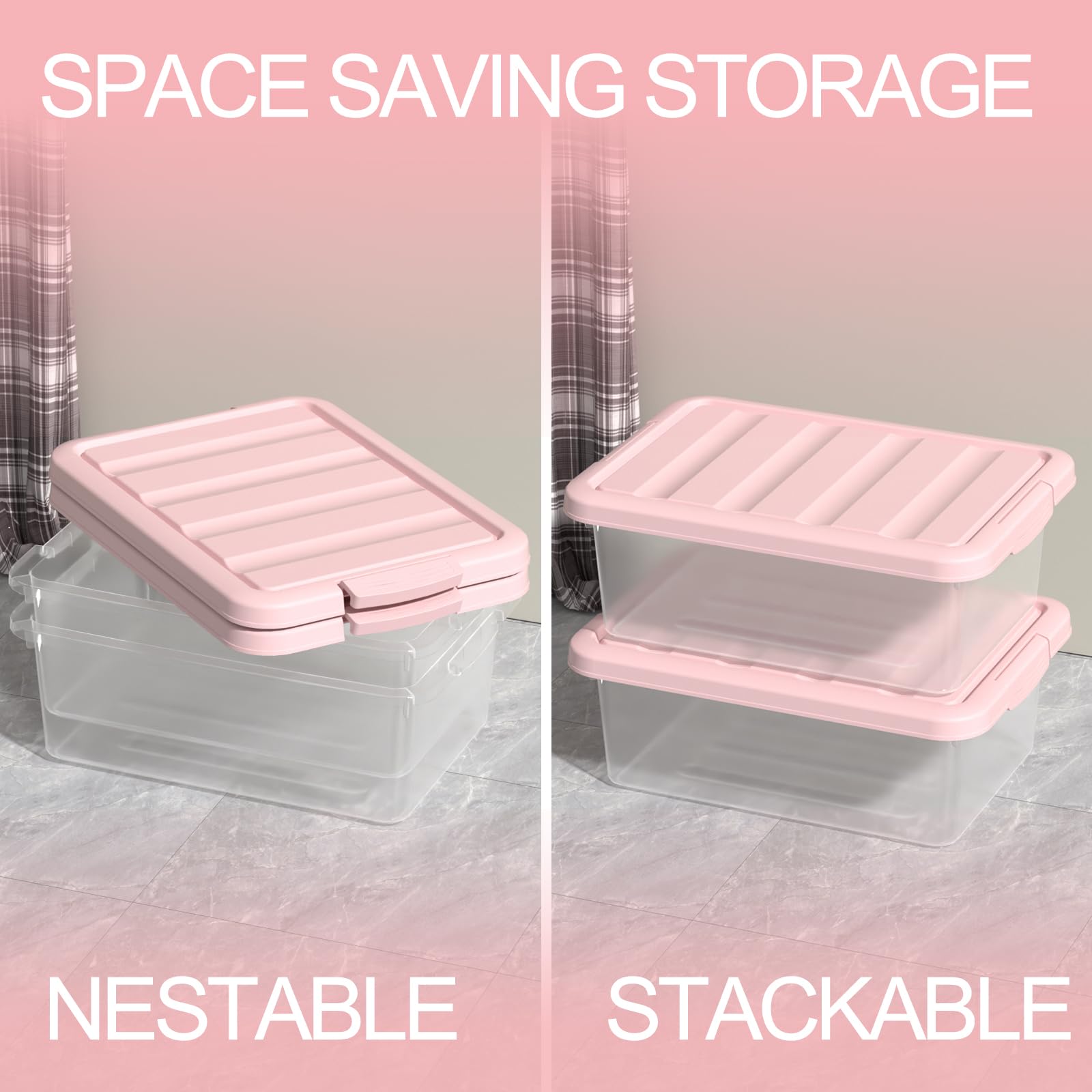 Waikhomes 2 Pack 16 L Under Bed Latching Box, Clear Box with Pink Lid