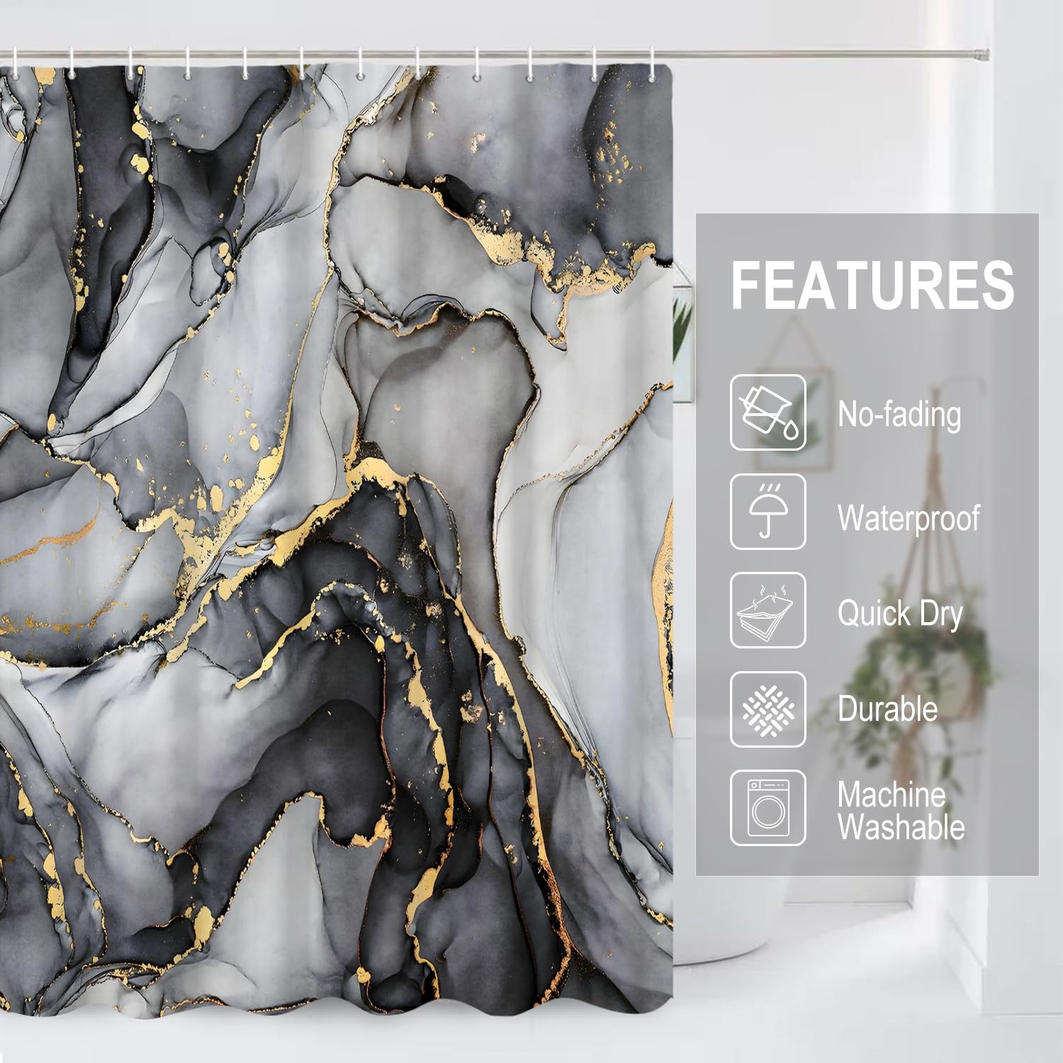 GCIREC Shower Curtain, 180x200cm, Gray Ombre Modern Abstract Art Marble Waterproof Fabric Machine Washable Bathroom Curtain with Hooks