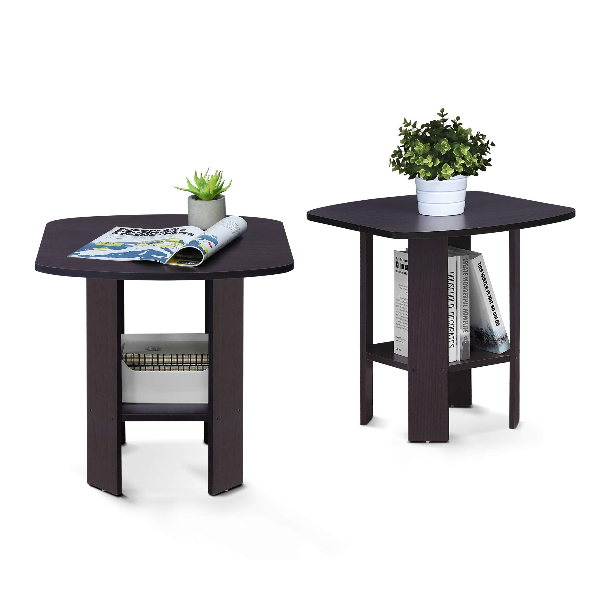 Furinno SIMPLE DESIGN Side Table Set of 2, 2-Tier End Table, Open Shelves Night Stand, Bedside Table, for Living Room, Bedroom, Dark Walnut