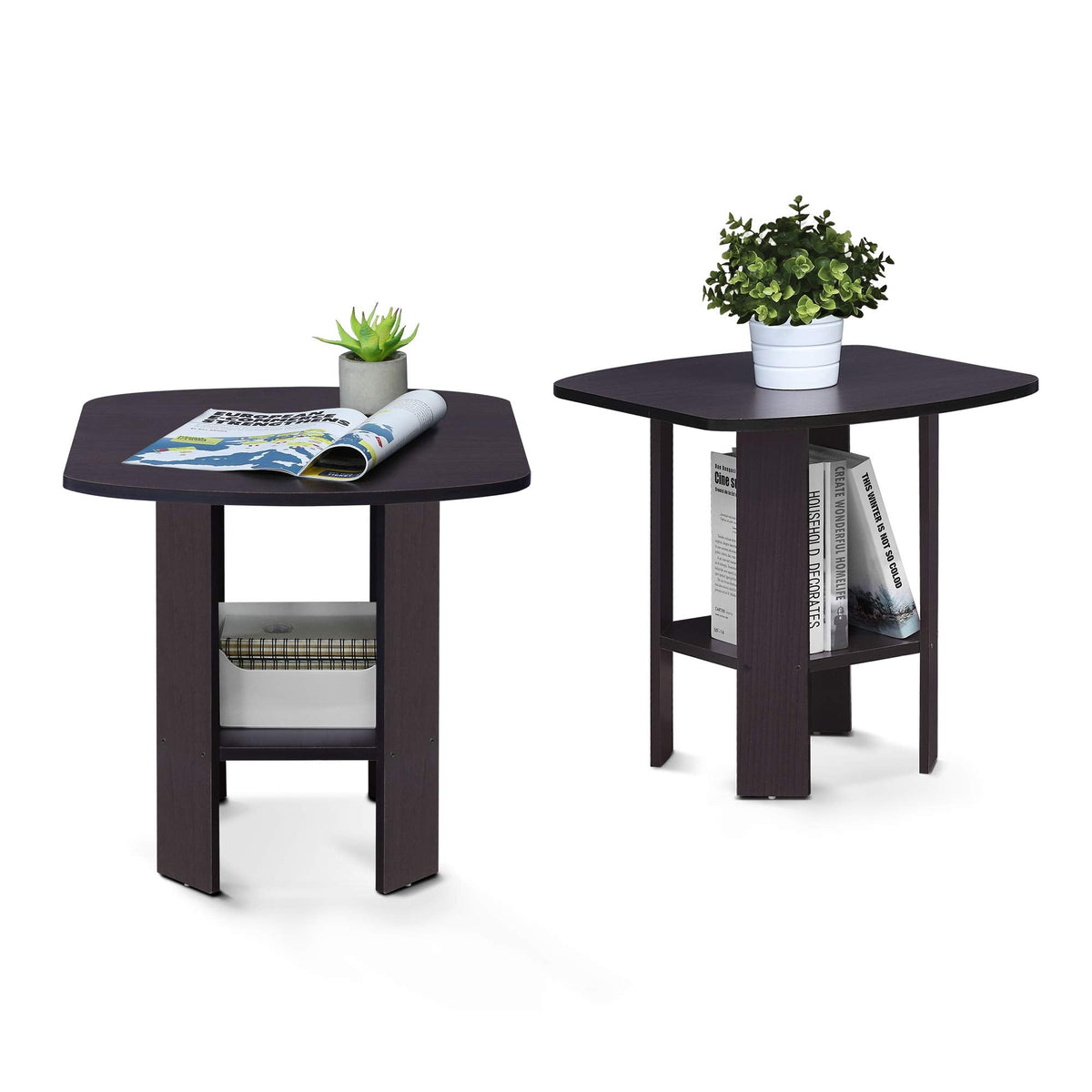Furinno SIMPLE DESIGN Side Table Set of 2, 2-Tier End Table, Open Shelves Night Stand, Bedside Table, for Living Room, Bedroom, Dark Walnut
