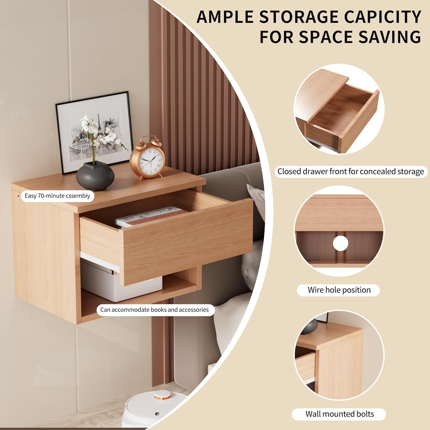 Kiseely Floating Nightstand, Modern Wall Mounted Bedside Table with Drawer, Wood Bedside Shelf & Desk, End Table Wood Modern Night Stand for Bedroom