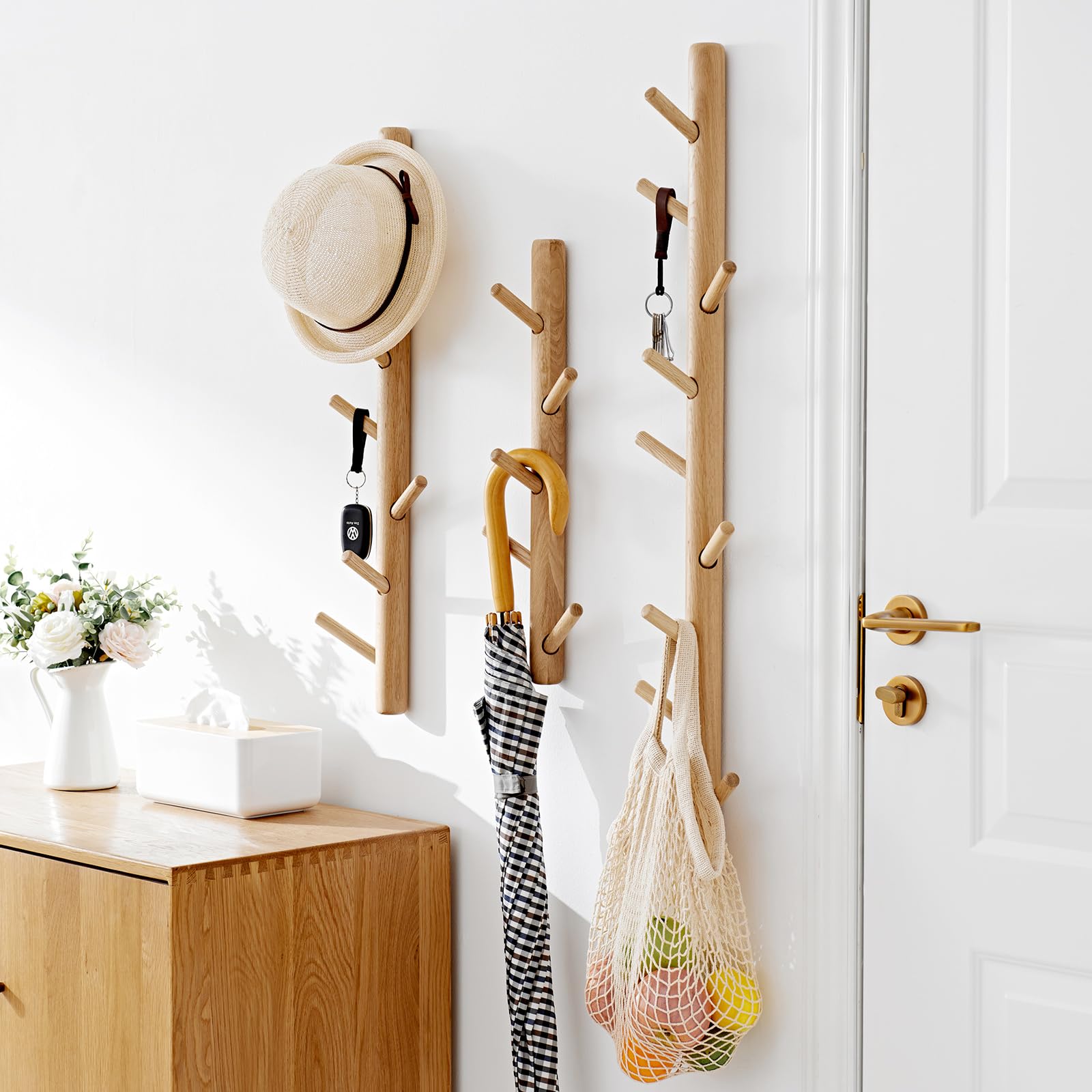 OAKERLAND Wooden Coat Rack Wall Mounted, 70cm Oak Floating Hooks for Jackets, Bag, Scarves, Handbags, 7 Hooks Branch Shape Coat Rack for Entryway
