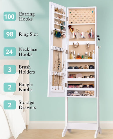 LUXFURNI Standing Jewelry Armoire Cabinet with Full‑Length Mirror Storage