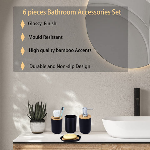 JETAINE 6 Pieces Bamboo Bathroom Accessories Modern Bathroom Accessory Set Luxury Bathroom Bin and Toilet Brush Set