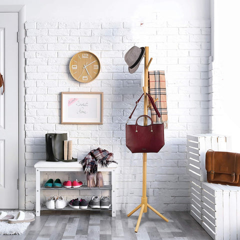 Ceciliec Coat Rack Free Standing - Wooden Coat Tree with 6 Hooks - Coats, Purses, Hats - Adjustable Sizes, Easy Assembly (Natural)