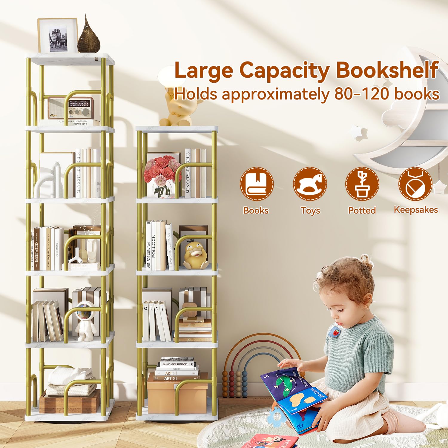 IBUYKE 5 Tier Rotating Bookshelf,Square Bookcases,White TBC004GW