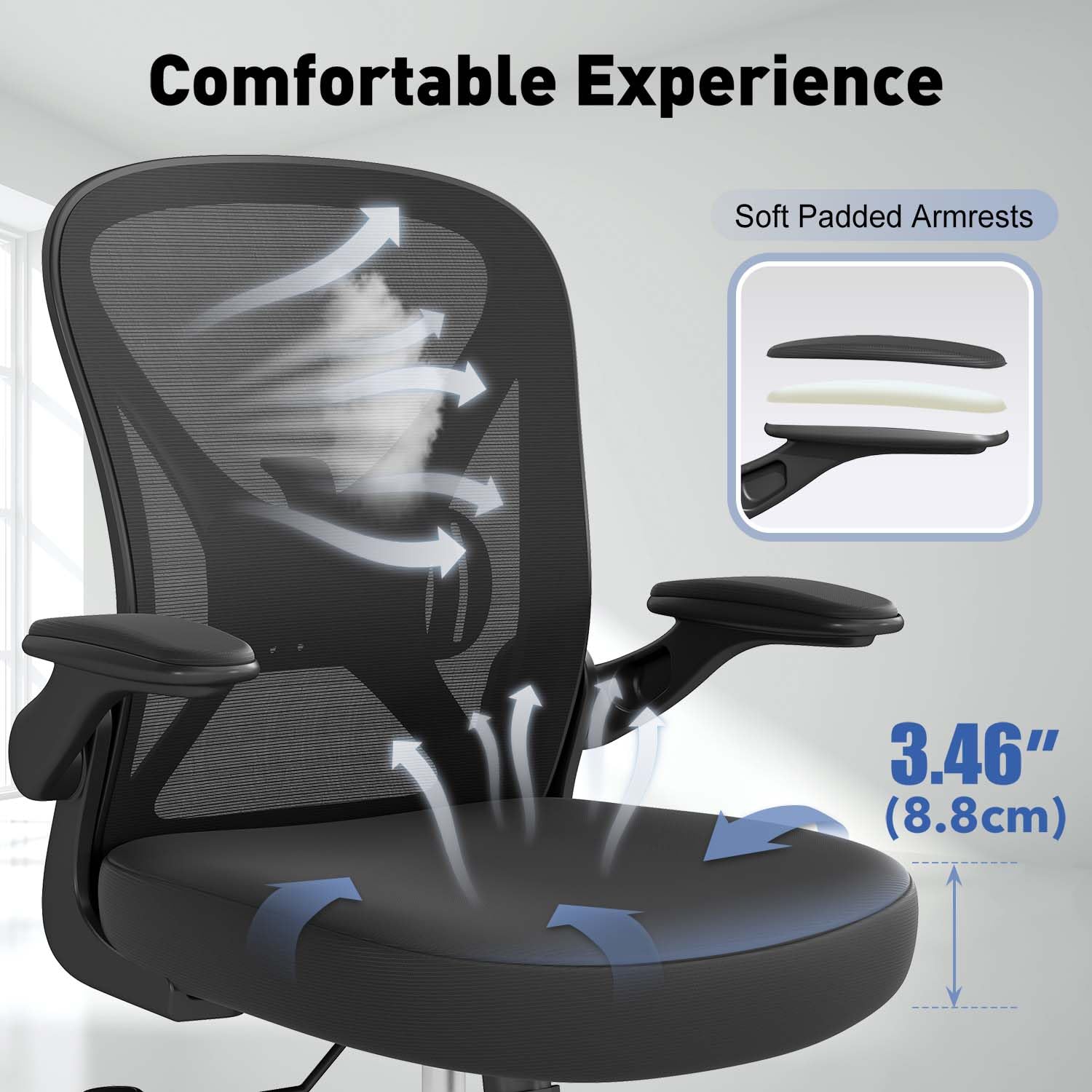 Keratee Ergonomic Mesh Office Chair with Adjustable Lumbar Support ＆ Flip-up Arms, Breathable Computer Home Desk Chair with 360 & Height Adjustment