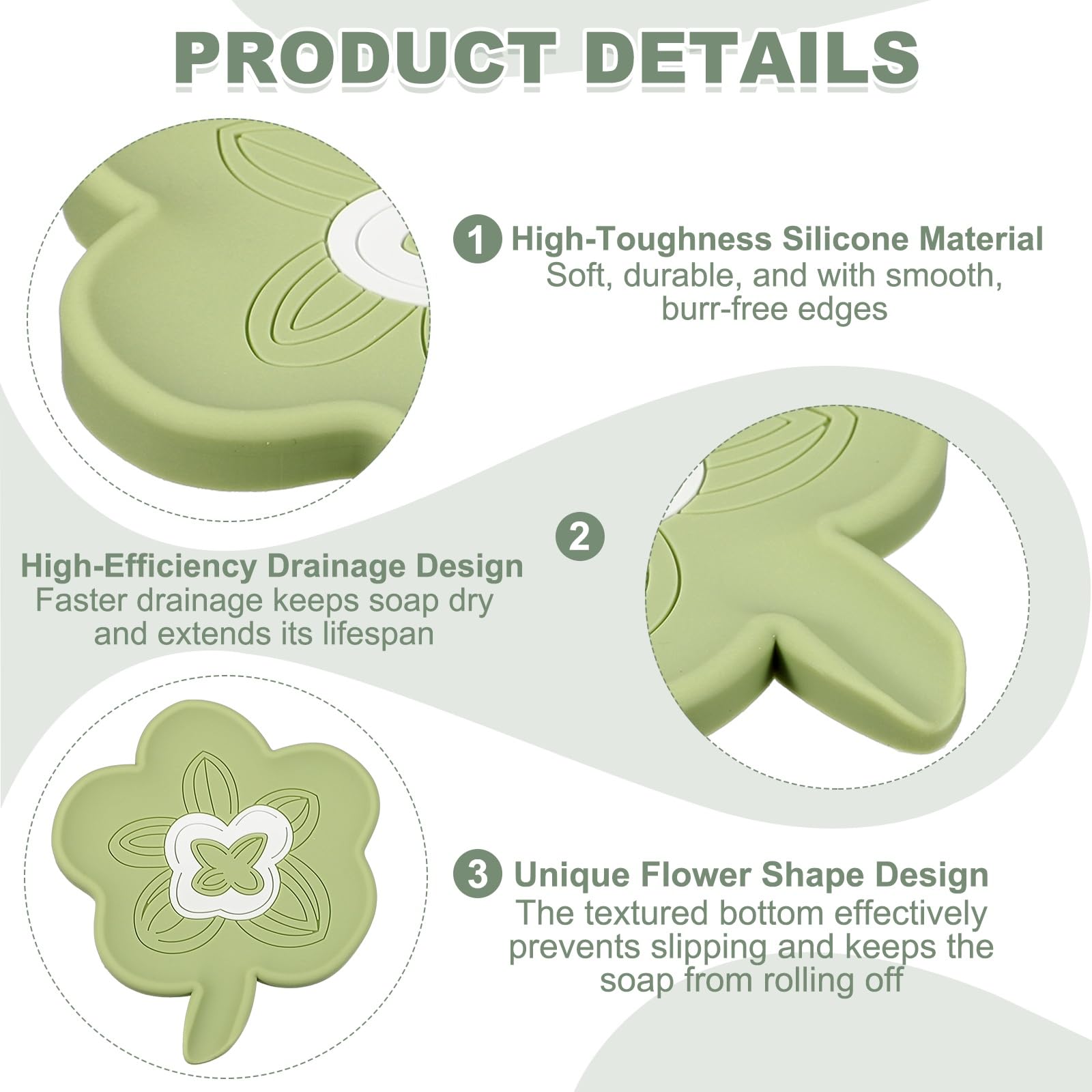 sourcing map Silicone Soap Dish with Drain Spout, Portable Self Draining Flower Shape Soap Saver Holder for Bathroom Kitchen Sink, Green