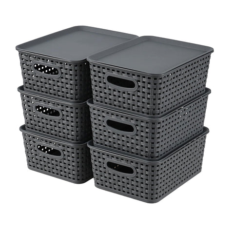 Bringer 6 Pack Plastic Woven Storage Basket with Lid, Stackable Lidded Storage Bins for Bathroom Kitchen Pantry Classroom, Grey