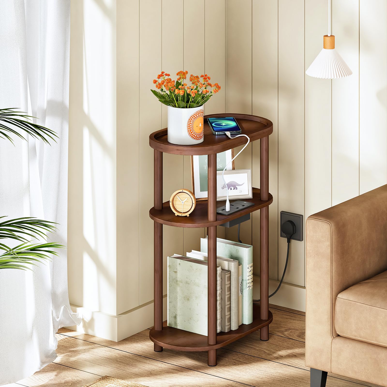 HOOBRO Narrow Side Table with Charging Station, 3 Tier Bamboo Slim End Table, 40 x 20 x 66 cm Narrow Bedside Table, Sofa Side Table, for Living Room