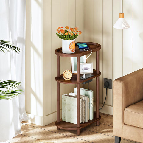 HOOBRO Narrow Side Table with Charging Station, 3 Tier Bamboo Slim End Table, 40 x 20 x 66 cm Narrow Bedside Table, Sofa Side Table, for Living Room